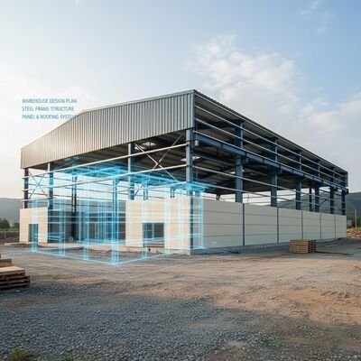 Resistencia a terremotos grado 8 Estructura de acero Almacén con tratamiento de superficie galvanizado y carga del viento 0,35 kN/m2