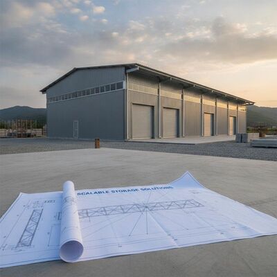 Plano de dibujo del comprador para almacén de estructura metálica con cimientos de concreto diseñados para soluciones de almacenamiento escalables
